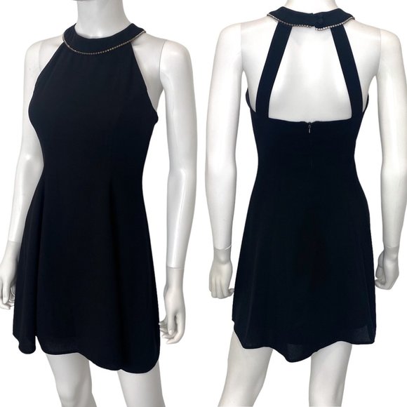 CDC Petites Vintage 90s Rhinestone Halter Neck Skater Flare Mini Dress in Black - Picture 3 of 17